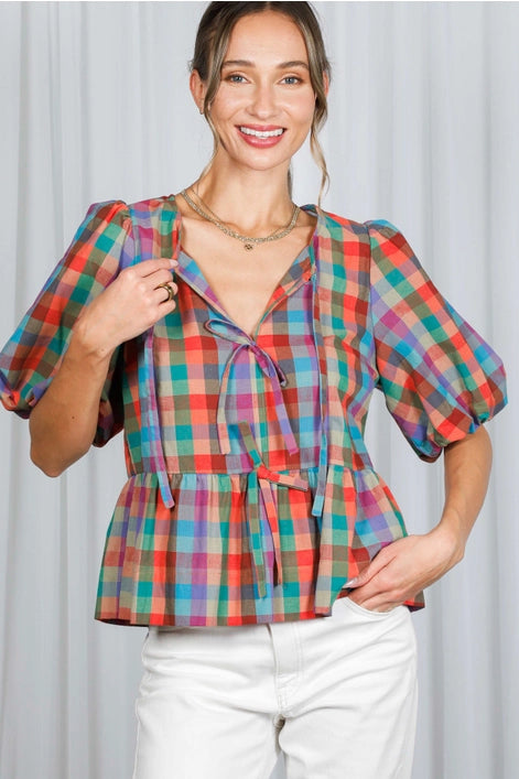 Plaid Front Tie Top