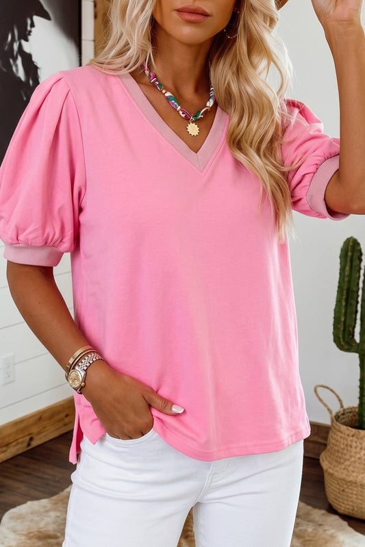 V Neck Puff Blouse