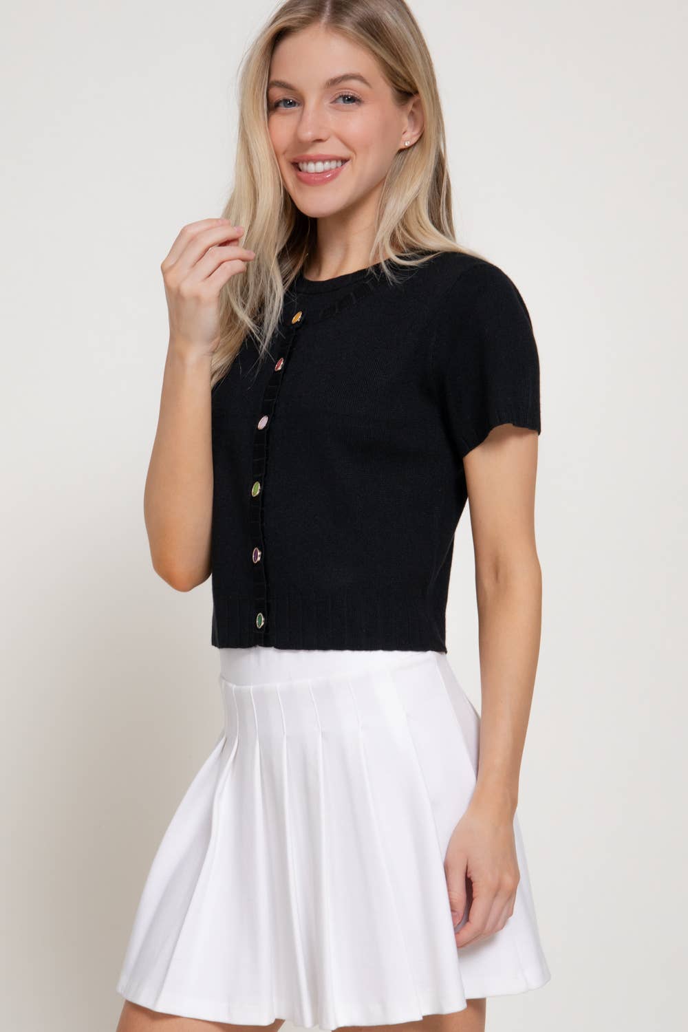 Short Sleeve Crew Neck Cardigan with Gemstone Button